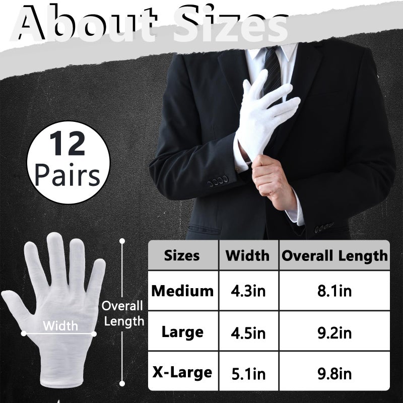 Zealor 12 Pairs White Cotton Gloves Soft Cloth Dust Hand Gloves Work for Men Women Art Crafting Handling, Eczema, BBQ, Coin Jewelry Watch Inspection, Dry Hands Sleeping, Archival, Large - Image 2